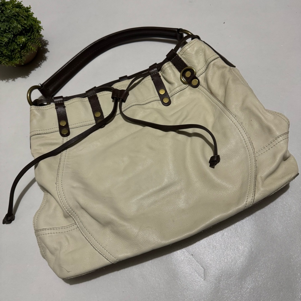 Lucky Brand Cream Brown Leather Large Slouch Shoulder Bag Tote Western Boho